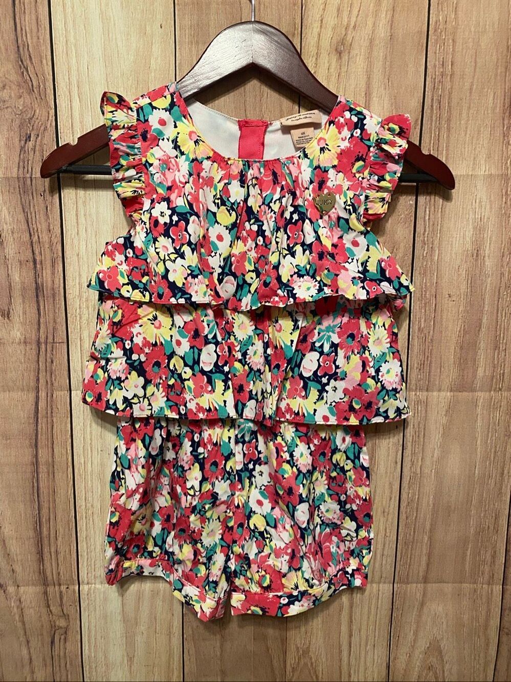 Juicy Couture size 6X girls floral romper outfit gold zipper tiered multicolor